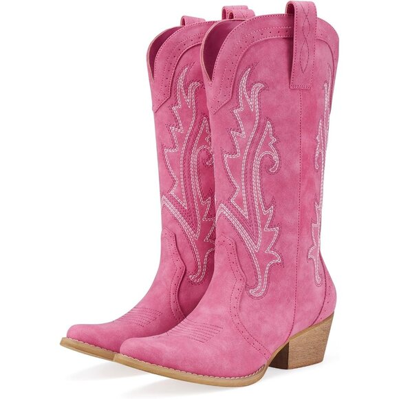 Women Pink Synthetic Embroidered Pointy Toe Comfortable Chunky Heel Cowgirl Boot - Picture 1 of 7